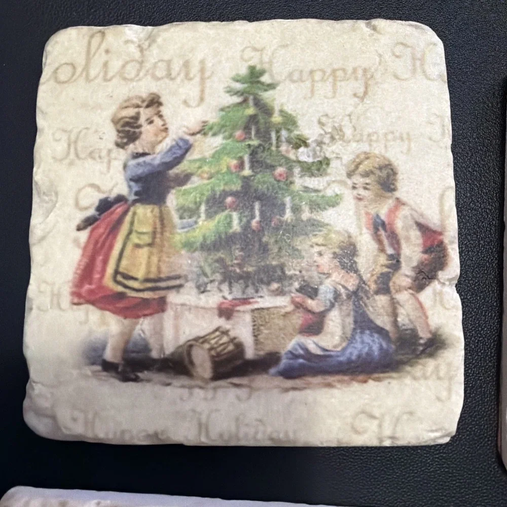 Set Of 4 Vintage Christmas Coasters Ceramic Tile
